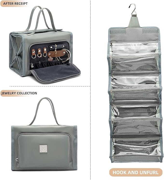ROYALFAIR Roll Up Makeup Bag, Travel Toiletry Bag for Women with 4 Clear TSA Approved Pouches, Hanging Travel Organizer, Folding Cosmetic Bag for Men and Women (grey)