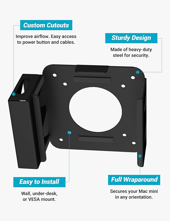 Under Desk Mount Stand for Mac mini M4/M4 Pro, with Side Compartment for External SSD,Carbon Steel Wall Mount, Metal Wall Mounted VESA Compatible with Mac-mini M4 Pro 2024 Stand(Black)