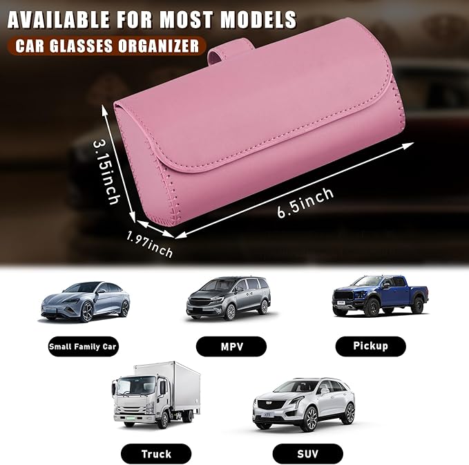 Augeny Sunglasses Holder for Car Sun Visor, Leather Auto Eyeglasses Storage Case with Hidden Magnetic Closure, Protective Glasses Organizer Box, Vehicle Visor Accessories for Woman Man (Pink)