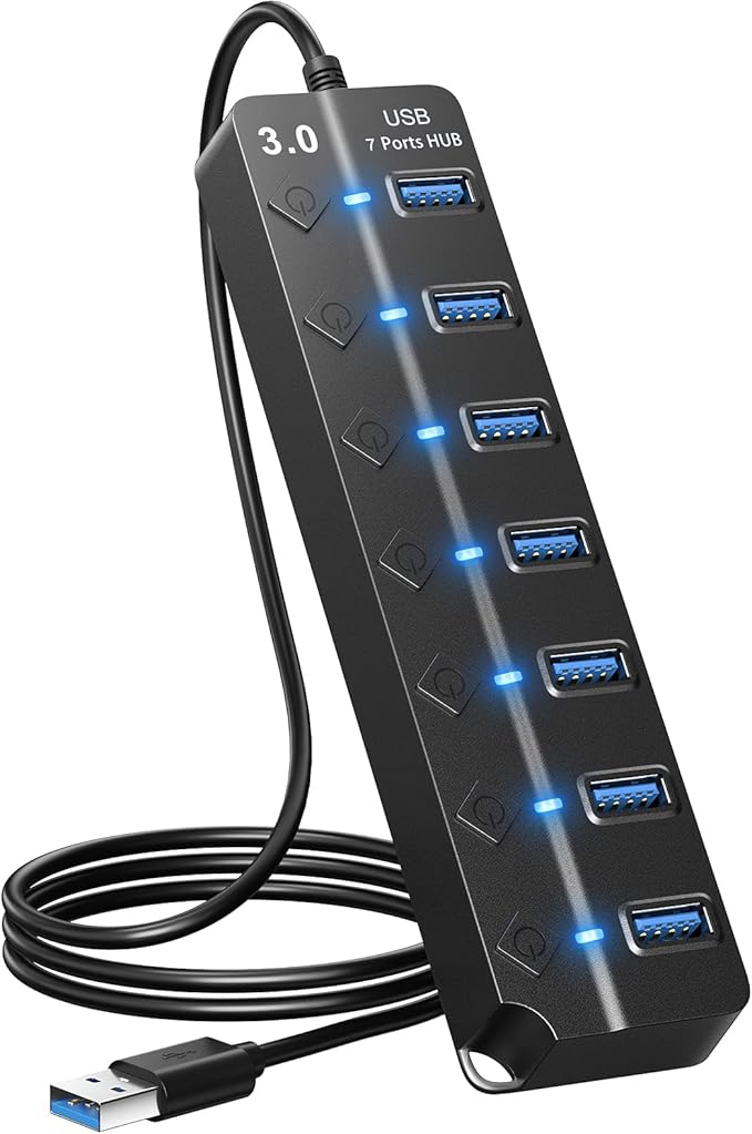ONFINIO USB Hub 3.0, 7-Port USB Hub Splitter with Individual On/Off Switches and Lights, 3.2ft/1m Long Cable Compatible with MacBook, Laptop, Surface Pro, PS4, PC, Flash Drive, Mobile HDD