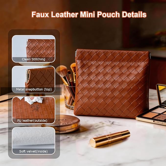 6 Pack 2 Sizes Small Makeup Bag for Purse, Woven Snap Closure Pouches for Purse, Soft Leather Coin Purse for Women, Mini Travel Organizer for Cosmetics Sunglasses Cash Cards Lip Gloss Lipstick