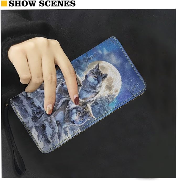 Bulopur Wolf Moon Wallet for Women Personalized Gifts for Mom PU Leather Credit Card Holder Money Long Wallet with Wristlet Large Capacity Zip-Around Phone Purse for Ladies Girly