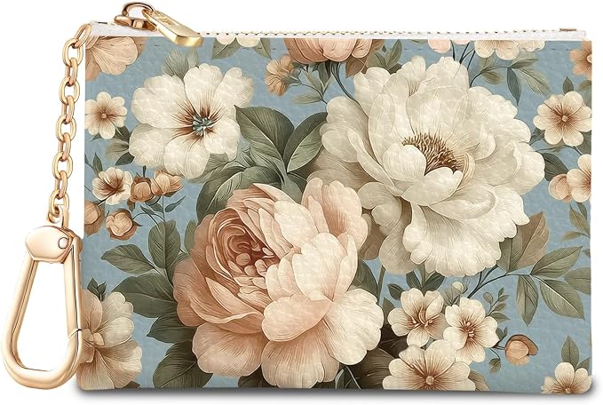 Vintage White Peony Floral Flowers Keychain Coin Purse for Women, Small PU Leather Change Pouch, Zipper Little Tiny Travel Wallet for Girls, Cute Kawaii Zip Pocket Coin Holder with Key Ring