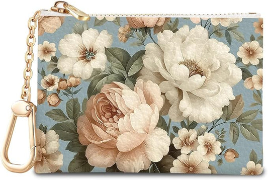 Vintage White Peony Floral Flowers Keychain Coin Purse for Women, Small PU Leather Change Pouch, Zipper Little Tiny Travel Wallet for Girls, Cute Kawaii Zip Pocket Coin Holder with Key Ring