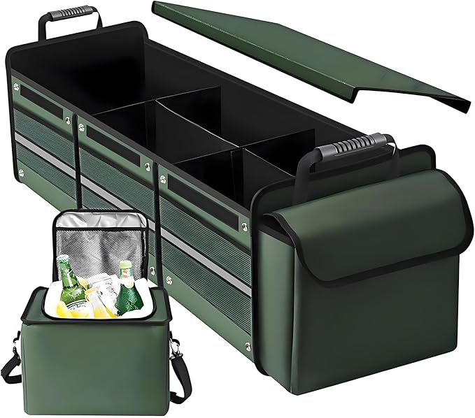 Collapsible Trunk Organizer for Car with Insulated Leakproof Cooler Bag, 3 Compartments SUV Cargo Organizer w/Removable Dividers, 5-in-1 Storage w/Foldable Lid & 2 Tie-Down Straps (Green)