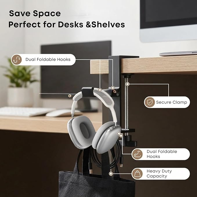 JAKO New Foldable Headphone Stand for Desk, Aluminum Alloy Headphone Holder - Headset Stand Hook Space Save Mount, Universal Fit PC Gaming Headsets Holder Under Desk Clamp for Office, Computer Table