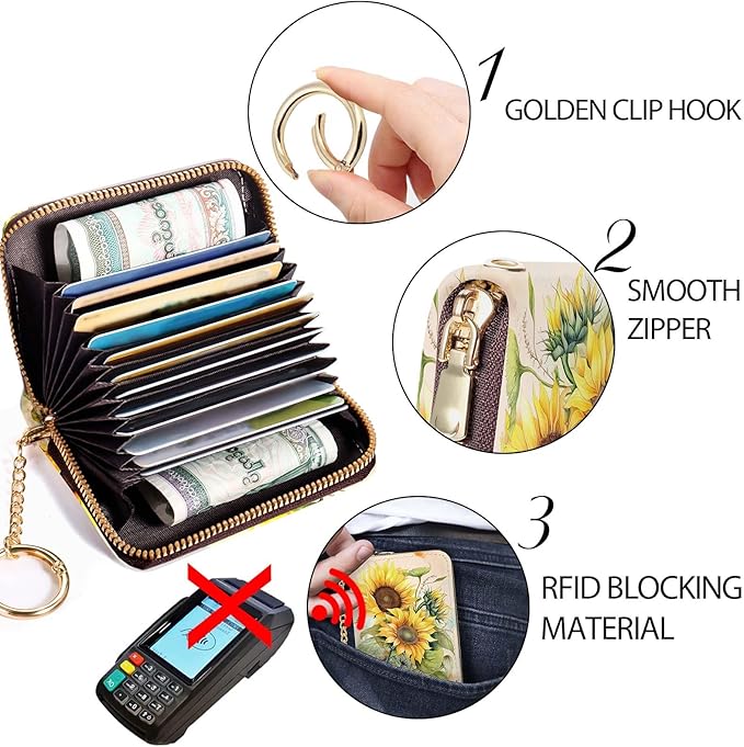 Credit Card Holder RFID Wallet, Small Card Holder Wallet for Women with Keychain Zipper, Funny Leather Print Credit Card Wallets Accordion Gift
