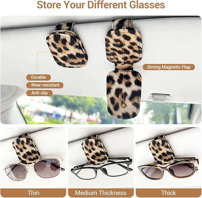 Sunglass Holder for Car, Universal Magnetic Car Sun Visor Eyeglass Holder, Leather Glasses Clip for Car, Ticket Card Clip (1, Leopard)