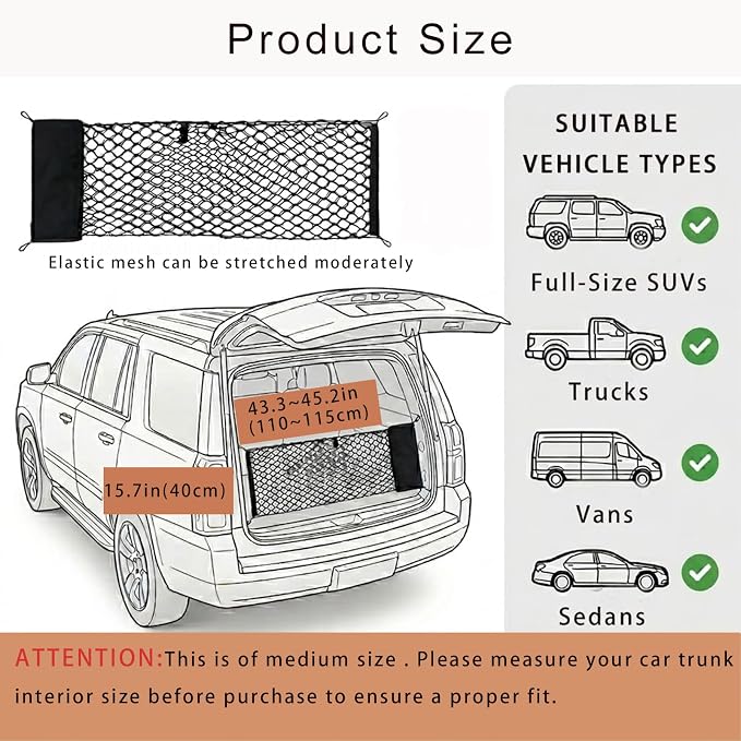 110x40CM Trunk Cargo Net Large Heavy-Duty Automotive Storage Bag | Elastic Trunk Storage Mesh Organizer Foldable Automotive Cargo Net Mounting Screws Universal for SUV Truck Van Sedan