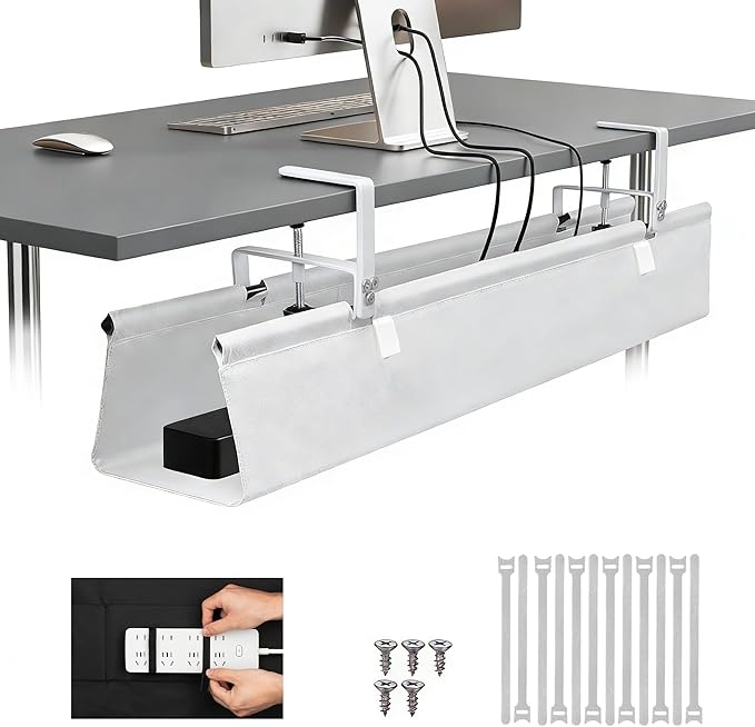 Oxford Cloth Under Desk Cable Management Tray,No-Drill 48" Desk Cable Management Organizer with Clip/Screw Installation,Fabric Cable Management for Home,Office & Gaming Computer(White)
