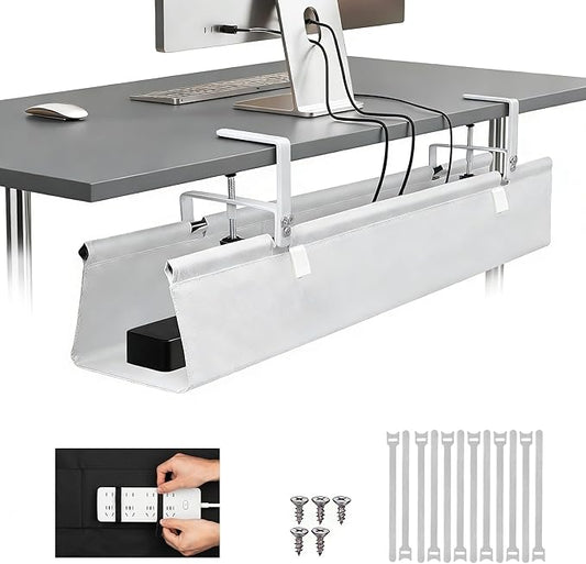 Oxford Cloth Under Desk Cable Management Tray,No-Drill 48" Desk Cable Management Organizer with Clip/Screw Installation,Fabric Cable Management for Home,Office & Gaming Computer(White)