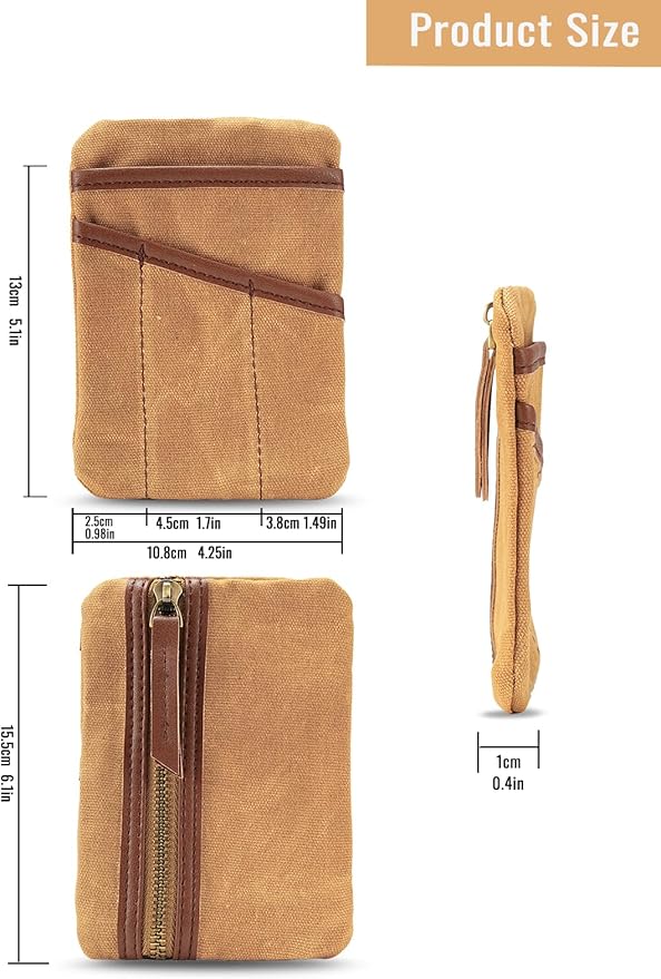 SP4 Waxed Canvas Compact EDC Pocket Organizer, Zippered Pocket Pouch for Men, Mini EDC Organizer for Change, Notebook, Tactical Pen, Flashlight