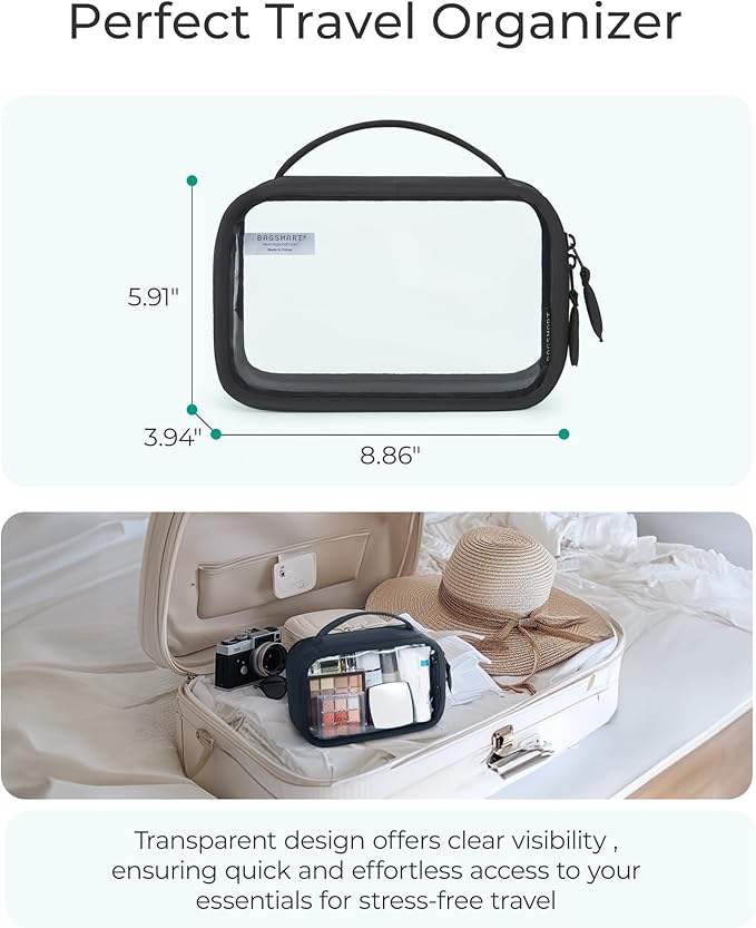 BAGSMART TSA-Approved Toiletry Bag, Large Opening Clear Makeup Bag with Handle, Quart Sized Travel Toiletry Bag, Carry-On Airline Compliant for Men and Women (Black)