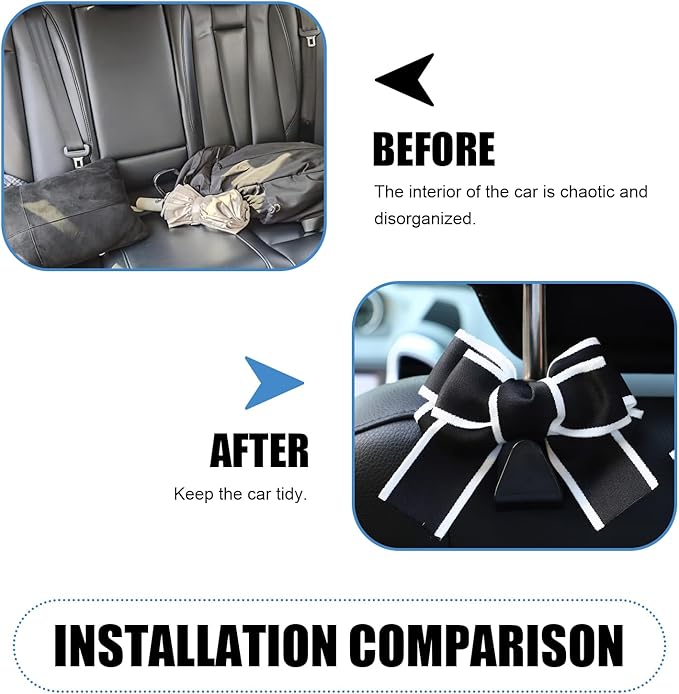 2 PCS Car Seat Headrest Hooks, Cute Bow Hooks Decor, High-Load Hanger for Purses Umbrellas, Car Interior Decoration Accessories for Women, Girls (Black & White)