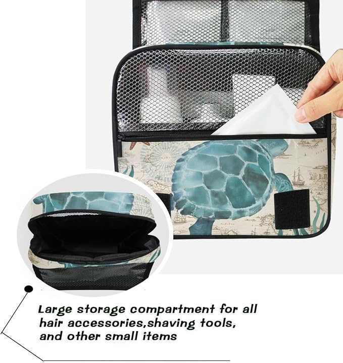 senya Hanging Travel Toiletry Bag Kit Makeup Case Cosmetics Organizer for Men Women (Sea Lives Turtle Coral)