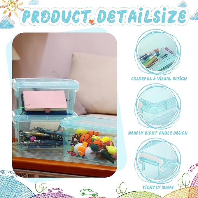Wenqik 6 Pack Colorful Plastic Storage Bins with Lids 4 Quart Small Storage Latch Box Stackable and Nestable Clear Organizer Bins with Latching Handle and Buckle for Organizing(Cyan)