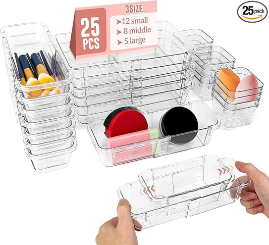 IAMGlobal 25PCS Expandable Drawer Organizer, 3-Size Adjustable Storage Bins | Acrylic, Clear, Transparent, Stackable, Expanding, No Assembly Required, Easy to Clean, for Makeup, Bathroom, Kitchen, Office