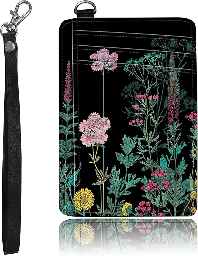 Slim Minimalist Front Pocket Wallet,Credit Card Holder Wallet for Women Men,RFID Blocking Credit Card Holder Case Leather Cute Small Thin Wallet ID Window&Wrist Strap,Floral Palnt
