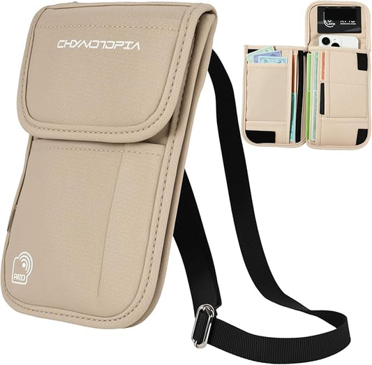 Neck Wallet & RFID Blocking Passport Holder for Travel – Waterproof Hidden Travel Wallet with Card Slots, Adjustable Strap, Portable Document Organizer for Men, Women (Gift) Khaki