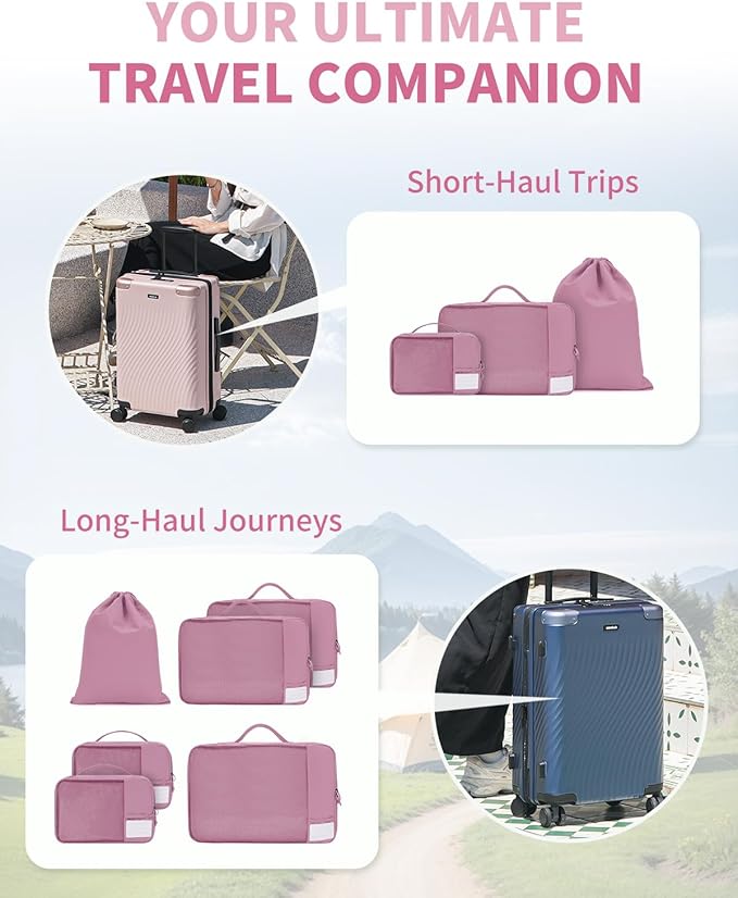 ECOHUB 6 Set Packing Cubes for Travel Durable Suitcase Organizer Bags Set with Personalized Tag Travel Essentials with Shoe Bag Traveling Accessories for Luggage Machine Washable, Pink