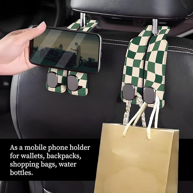 Car Seat Headrest Hook, Universal Leather Cute Hanger Holder Hook, Storage Organizer Interior Accessories for Purse Bags Handbag Luxury Green Plaid