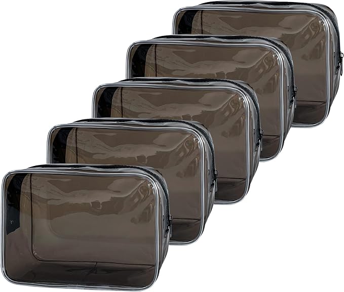 Neon TSA Approved Clear Toiletry Pouch, 7"x2.3"x4.7" Size, PVC Travel Makeup Bags for Toiletries, Transparent Cosmetic Bag for Women and Men Small (Black 5PCS)