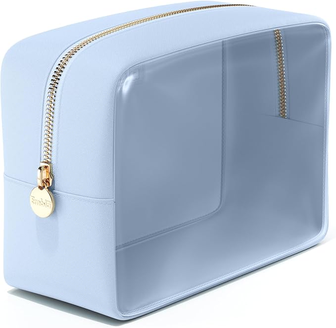Embla Clear Large Makeup Bag Cute Big Make Up Nylon Pouches Travel Bathroom Bags for Toiletries XL Cosmetic Pouch for Women Girls Extra Large Zipper Toiletry Skincare Organizer Blue