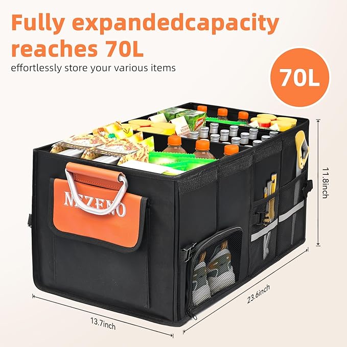 Car Trunk Organizer,Multiple Compartments Collapsible trunk organizer with Aluminum Alloy Handle and Lid, Car Organizer and Storage for SUV, Truck