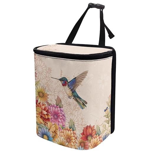 Biyejit Car Rubbish Storage Reusable Car Trash Can for Car SUVs Vans, Car Trash Bag Bin Hanging Waterproof Automotive Car Garbage Cans Leak Proof Vehicle Trash Can, Hummingbird Flowers