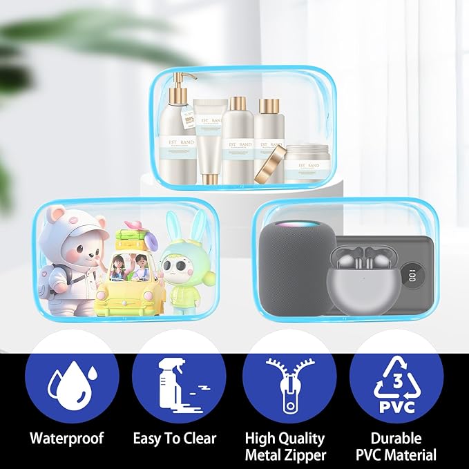 YedsIntu 16 Pieces Clear Cosmetic Bags, PVC Clear Pouch with Zipper TSA Approved Toiletry Bag for Travelling, Waterproof Transparent Travel Makeup Cosmetic Organizer Case for Men and Women (Blue-M)