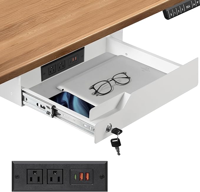 Under Desk Drawer Storage with Lock, Metal Undermount Table Drawer, Ball Bearing Slides Out Tray Organizer for Paper, Pencil, and Laptop,16"x11.8"x3.6", Black With Power Strip