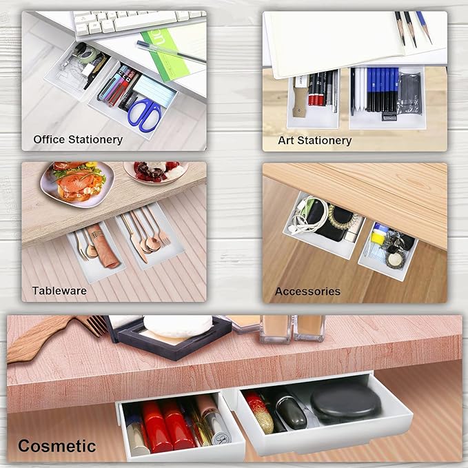 YOOUSOO 2 Pack Adhesive Under Desk Drawer, Attachable Under Desk Drawer Slide Out, Hidden Storage for Table, Desktop Storage Organizer for Pencil Pen Stationery Office Organization