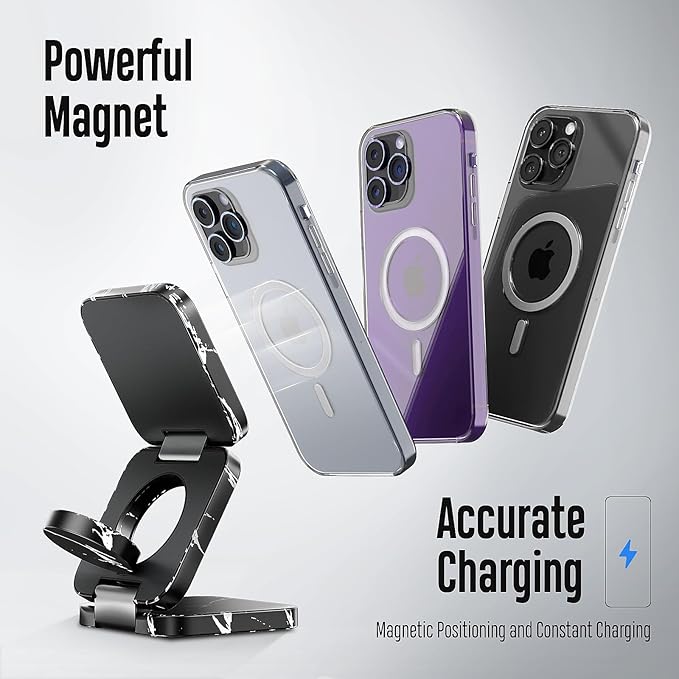 KU XIU Fast Wireless Charger, Magnetic Foldable 3 in 1 Charging Station for iPhone 17/16/15/14/13/12 Pro/Plus/Pro Max, 5W Portable Charger for Apple Watch9/8/7/6/5/4/SE, for Airpods