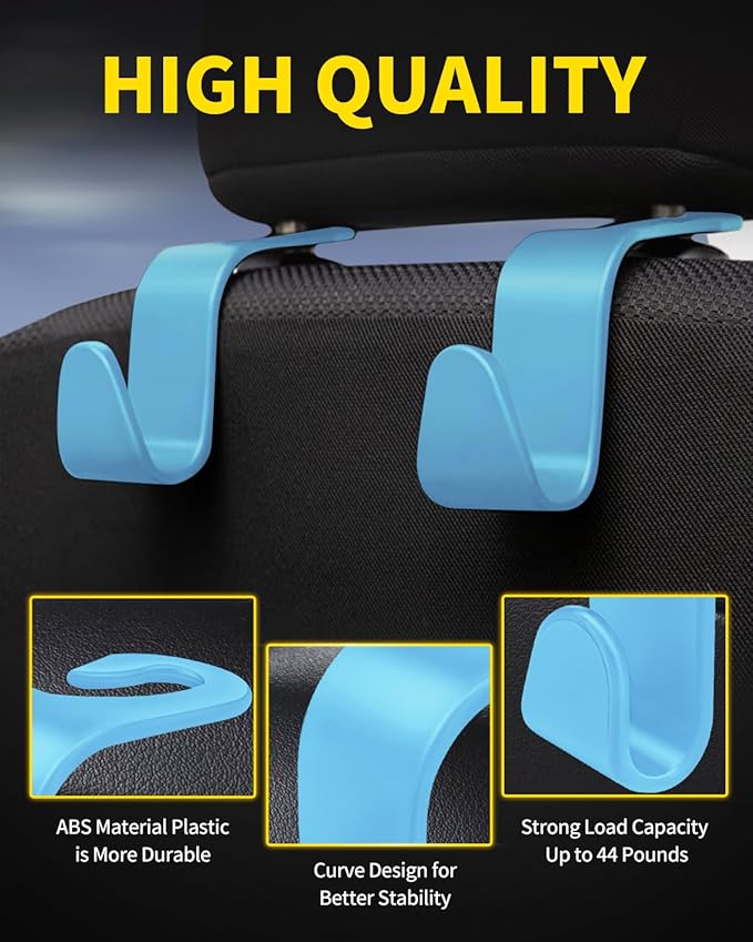 8 Pack Car Seat Headrest Hooks with 44 Pounds Load Capacity, Hangers Storage Organizer Universal Car Interior Accessories for Handbags Water Bottles Purse Coats Umbrellas, Light Blue