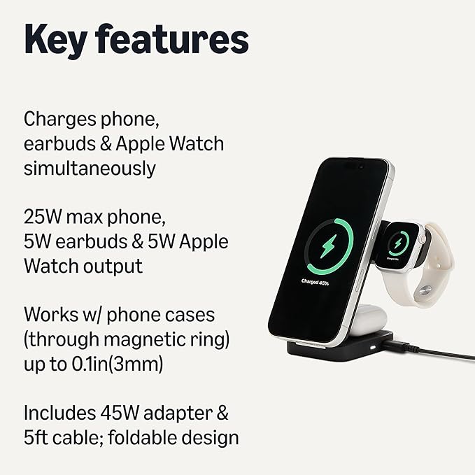 Amazon Basics MagSafe Compatible 25W Fast Charging Qi2.2 Certified 3-in-1 Wireless Charging Station, Foldable Stand for iPhone 17/16/15/14/13/12, Apple Watch, AirPods, with 45W Adapter, Black