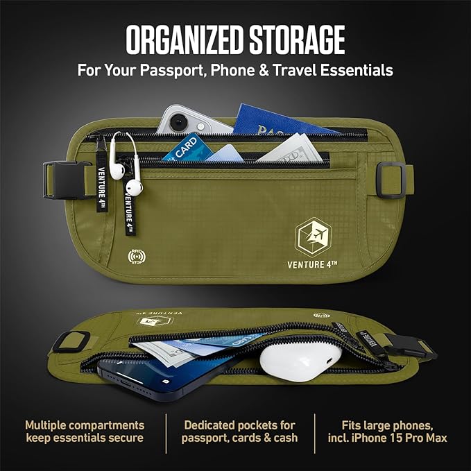 VENTURE 4TH Money Belt for Travel – Hidden Under-Clothes RFID Blocking Passport Holder & Slim Travel Wallet Pouch for Men & Women to Protect Cash, Cards & Documents (Green)