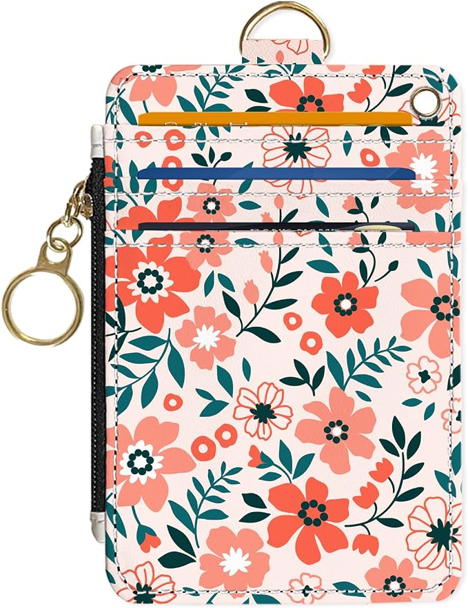 Slim Wallet Credit Card Holder, Orange Floral Print X, RFID Wallet Women Cute Small Front Pocket Wallet With Zipper, PU Leather Thin travel RFID Blocking Card Case ID Window,Ladies Gifts