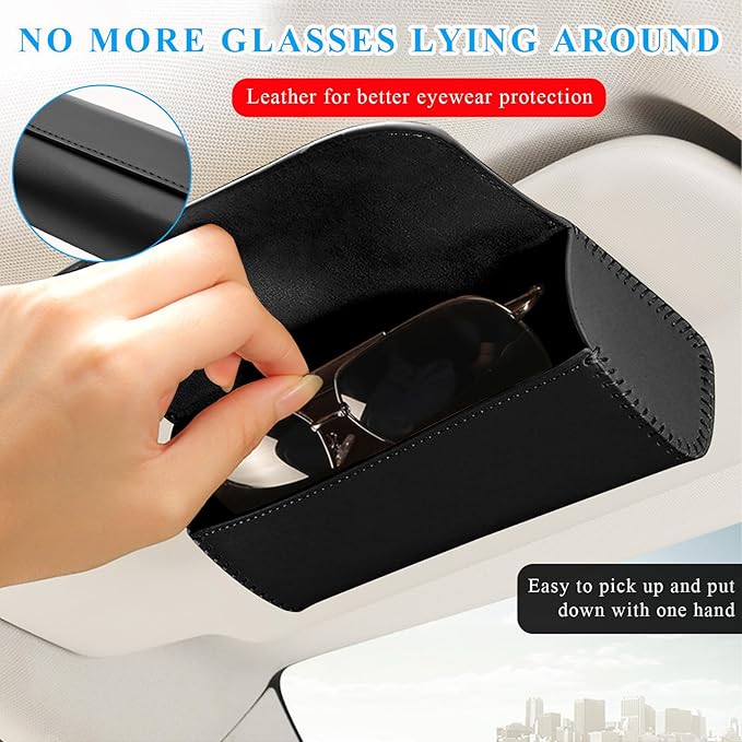 Sunglasses Holder for Car Sun Visor, Leather Auto Eyeglasses Organizer Box with Hidden Magnetic Closure, Vehicle Glasses Case Clip Holder, Car Accessories for Women Men (Black)