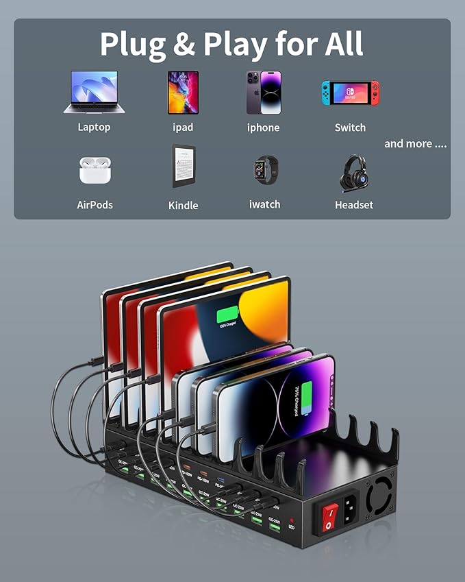 690W Charging Station for Multiple Devices, 20-Port USB C Fast Charging Station with Double 100W PD PPS Port, Multi Device Fast Charger Dock for MacBook Pro Laptop, iPhone, iPad, Tablet, Cell Phone