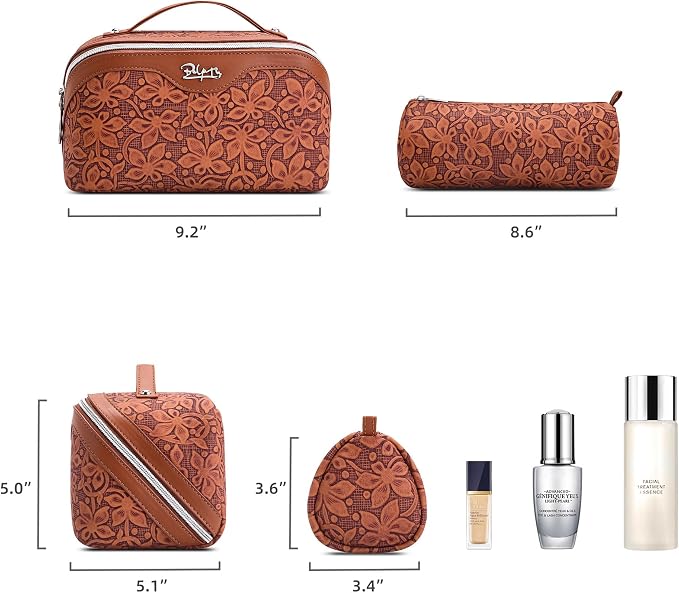 BOYATU Travel Makeup Bag Cosmetic Bags for Women: Large Capacity 3 Pcs Set Make up Bag with Compartments - Waterproof Vegan Leather Toiletry Organizer Bags with Handle (Z-61Brown)