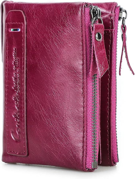 CONTACTS Soft Leather Wallet for Women Small Bifold Coin Purse Double Zipper Card Holder with RFID Blocking (Purplish Red)