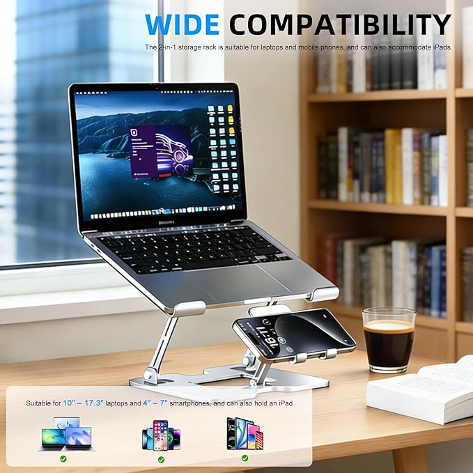 Ergonomic 2-in-1 Laptop Stand for Desk with Fans,Adjustable Laptop Riser with Phone Holder,Computer Stand for Laptop,Sturdy and Portable Stand,Compatible with All Laptops and Phones White