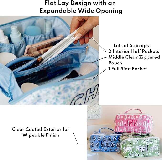 Personalized Flat Lay Makeup Bag - Clear-Coated Embroidered Cosmetic Organizer, Monogrammed Wide-Open Travel Pouch with Easy-Access Interior, Handmade Gift for Women (Pink Lotus)