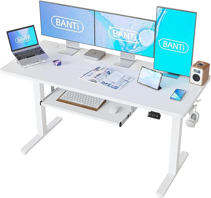BANTI 63" x 24" Height Adjustable Electric Standing Desk with Keyboard Tray, Sit Stand up Desk with Splice Board, White Frame/White Top