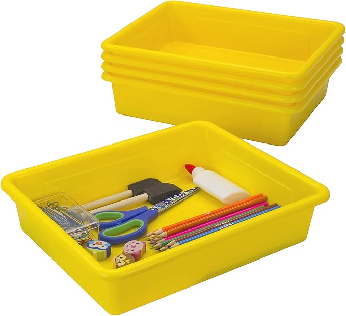 Storex Letter Size Flat Storage Tray – Organizer Bin with Non-Snap Lid for Classroom, Office and Home, Yellow, 5-Pack (62538U05C)