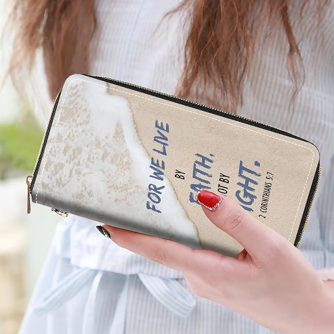 Women's Large Capacity Wallet PU Leather Zip Around Clutch Purse Multifunctional Wallet with Removable Wristlet Strap for Smart Phone/Coin/Card/Cash, Beach Waves Quote 2 Corinthians 5:7