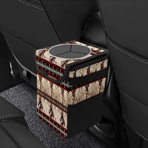 Car Trash Can with Lid Western Cowhide Aztec Collapsible Reusable Leak-Proof Auto Garage Bag,Hanging Vehicle Car