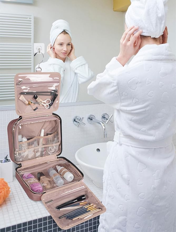 BALULHG Brown Toiletry Bag, Makeup Organizer, Travel Bag For Women Mens Toiletries, Waterproof with Hanging Hook, Large Capacity