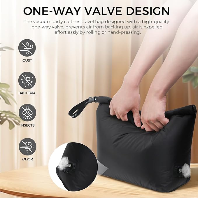 Travel Compression Laundry Bag, Pump-Free Vacuum Space Saver Bag for Dirty Clothes, Reusable Waterproof Wet Dry Bag, Travel Laundry Bag for Luggage, Packing, Suitcase (1 Pcs)（Black, M)