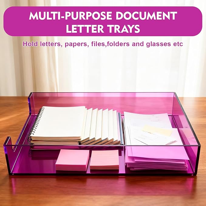 Paper Tray Acrylic File Organizer for Desk Letter Tray Desk Organizer Document Holder Sorter Storage for A4 Office Supplies Magazines, 13.8x10.6x2.4 Inches, Bright Purple
